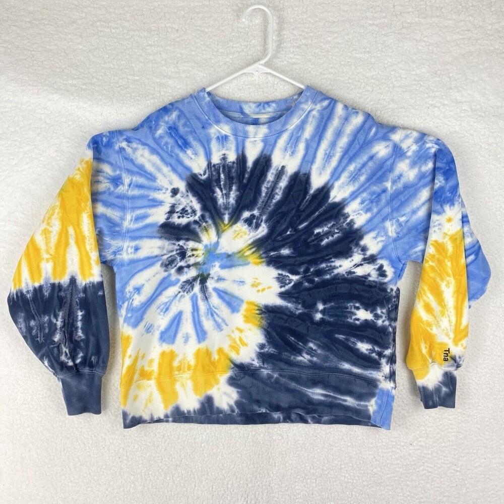 Aritzia Tna Sweatshirt Womens Size XS Yellow Blue Tie Dye Cozy AF Fleece‎ Swirl
